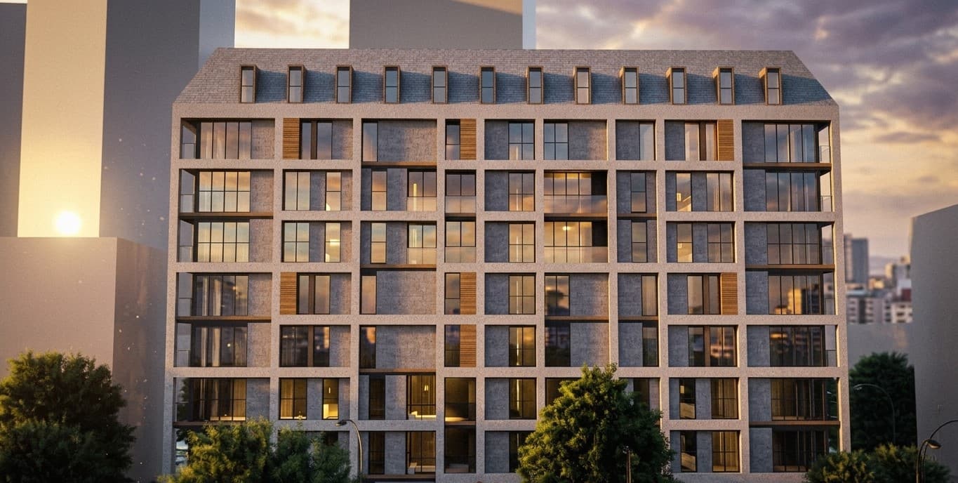Cephe bütünü — taş kaplama, ahşap paneller ve çatı pencereli eğimli loft çatı