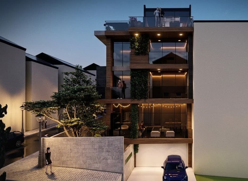 Çağdaş villa cephesi — koyu tuğla detaylar ve zengin ahşap kaplamalar
