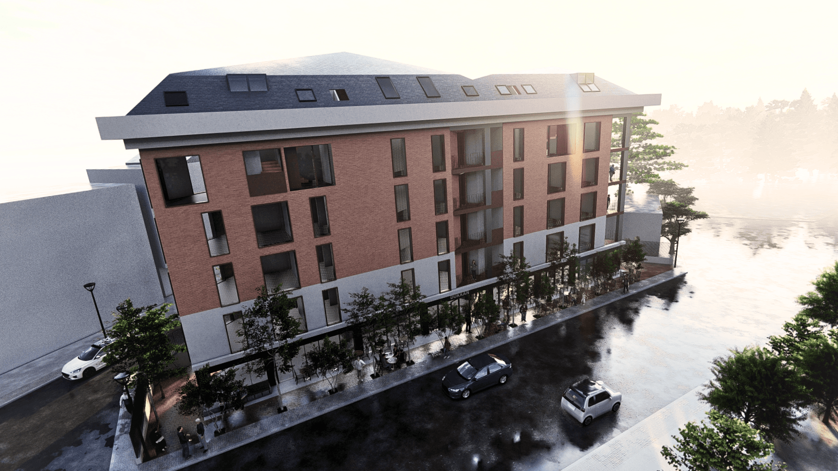 Gebze Konut cephesi — sıcak tuğla, nötr sıva ve Mansard çatı